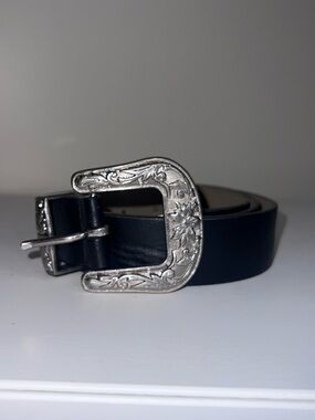 Black Leather Western-Style Belt with Engraved Silver Buckle